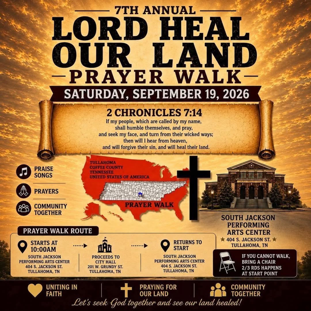 Flyer for the 7th Annual Lord Heal Our Land Prayer Walk, Saturday September 19, 2026, starting at 10 AM at the South Jackson Performing Arts Center in Tullahoma.